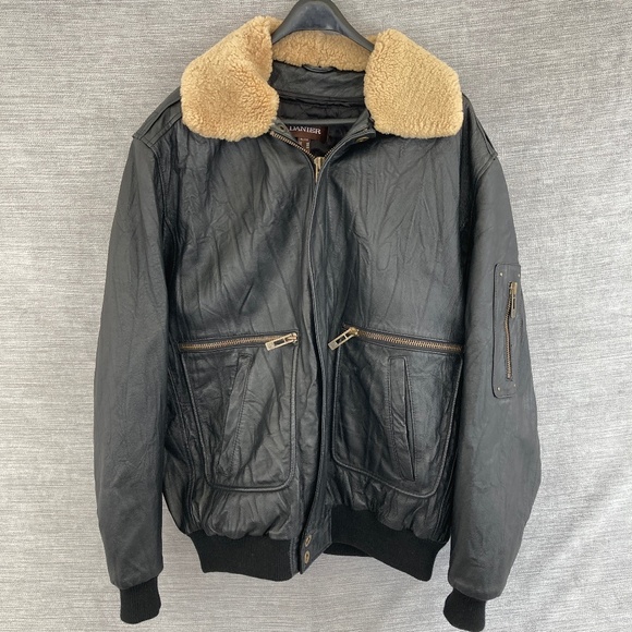 Danier Leather Bomber Jacket Black Men’s XL Shearling Collar - Picture 1 of 7